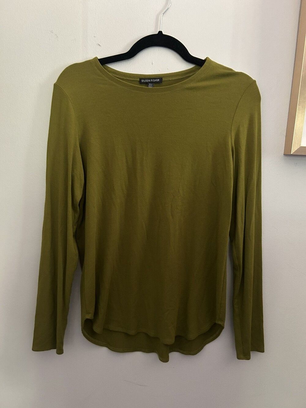 Eileen Fisher Small Green Viscose Lycra Jersey Long Sleeve Top Made USA